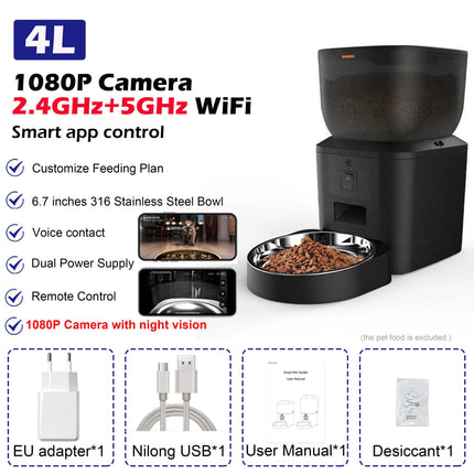 MyGiftHome Automatic Cat Feeder with 1080P Camera-Black 4L 1 bowl