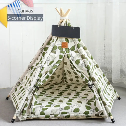 MyGiftHome Pet Teepee Tent for Cats & Dogs Bed with Nameplate-Green Leaves