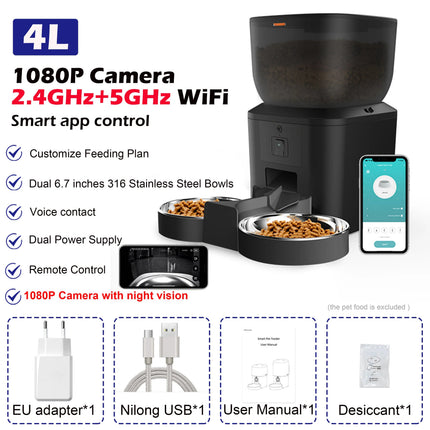 MyGiftHome Automatic Cat Feeder with 1080P Camera-Black 4L 2 bowls