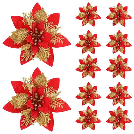 MyGiftHome Poinsettia Artificial Christmas Flowers Decoration-Red Gold