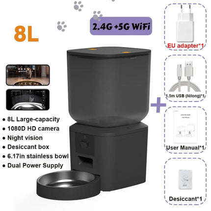 MyGiftHome Automatic Cat Feeder with 1080P Camera-Black 8L 1 bowl