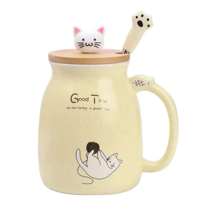 MyGiftHome 16oz Cat Ceramic Mug with Lid and Spoon-Yellow