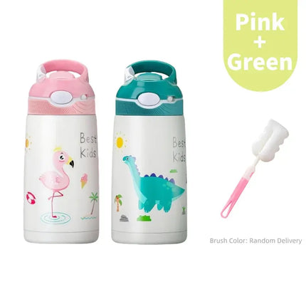 MyGiftHome 14oz Cartoon Kids Thermos Bottle with Safty Lock-Pink+Green