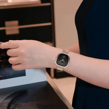 MyGiftHome Women’s Quartz Watch Classic Barrel Design-Black Dial with Rose Gold Strap