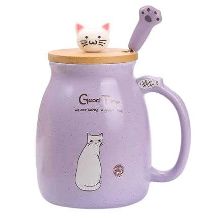 MyGiftHome 16oz Cat Ceramic Mug with Lid and Spoon-Purple