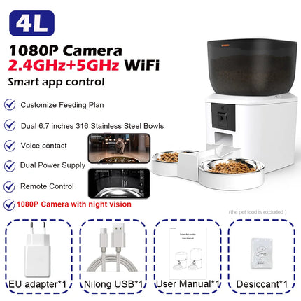 MyGiftHome Automatic Cat Feeder with 1080P Camera-White 4L 2 bowls