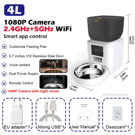 MyGiftHome Automatic Cat Feeder with 1080P Camera-White 4L 1 bowl