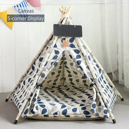 MyGiftHome Pet Teepee Tent for Cats & Dogs Bed with Nameplate-Blue Leaves