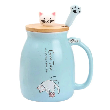 MyGiftHome 16oz Cat Ceramic Mug with Lid and Spoon-Blue