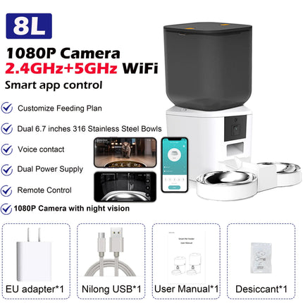 MyGiftHome Automatic Cat Feeder with 1080P Camera-White 8L 2 bowls