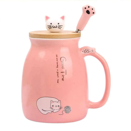 MyGiftHome 16oz Cat Ceramic Mug with Lid and Spoon-Pink