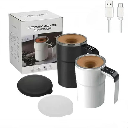 MyGiftHome 13oz Automatic Self Stirring Coffee Mug with Temperature Display-Black and White
