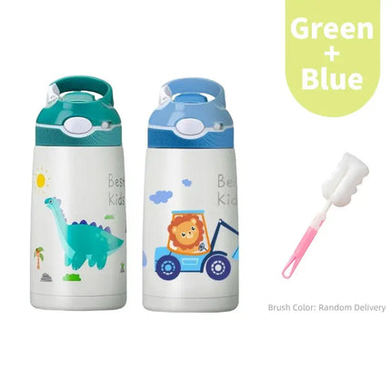 MyGiftHome 14oz Cartoon Kids Thermos Bottle with Safty Lock-Green+Blue