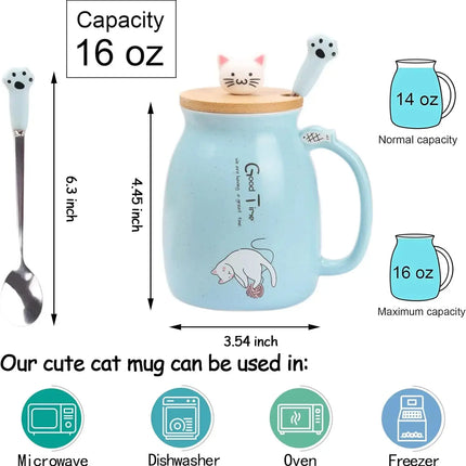MyGiftHome 16oz Cat Ceramic Mug with Lid and Spoon
